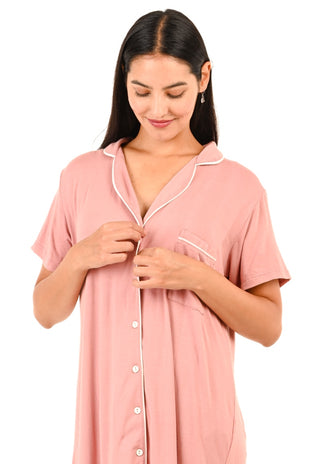 Camisa de Dormir Mariela Rosado Maternal y Lactancia con Botones