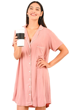Camisa de Dormir Mariela Rosado Maternal y Lactancia con Botones