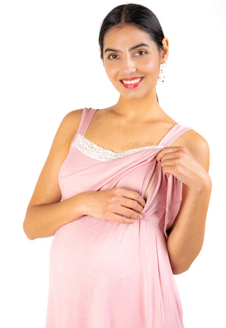 Camisa de Dormir Amanda Rosado Maternal y Lactancia Sin Manga