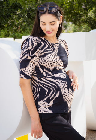 Polera Florencia Beige Maternal y Apertura Lactancia Manga Globo