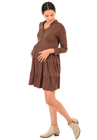Vestido Paula Café Maternal y Lactancia Cortes en Falda