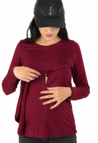 Polera Maria Burdeo Maternal y Lactancia Basic Manga Larga