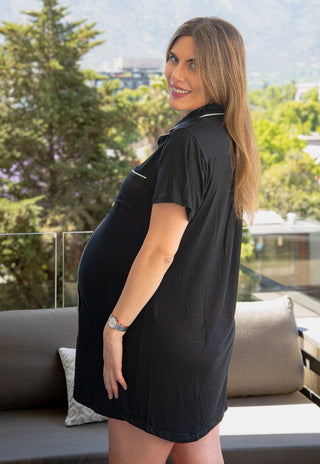 Camisa de Dormir Mariela Negro Maternal y Lactancia con Botones