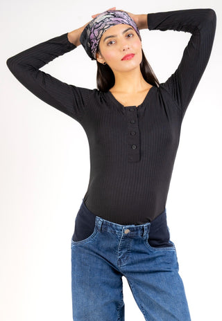 Polera Andrea Negro Maternal y Lactancia Acanalada Botones