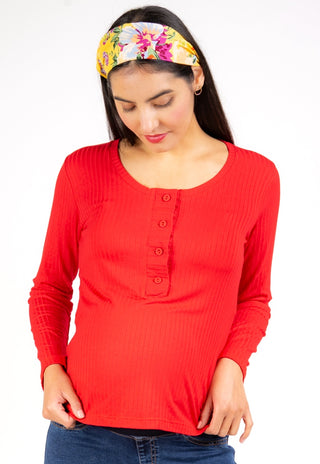 Polera Andrea Rojo Maternal y Lactancia Acanalada Botones