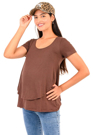 Polera Doble Barbara Café Maternal y Lactancia Manga Corta