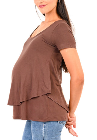 Polera Doble Barbara Café Maternal y Lactancia Manga Corta