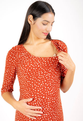 Vestido Carla Terracota Maternal y Lactancia Escote Elasticado