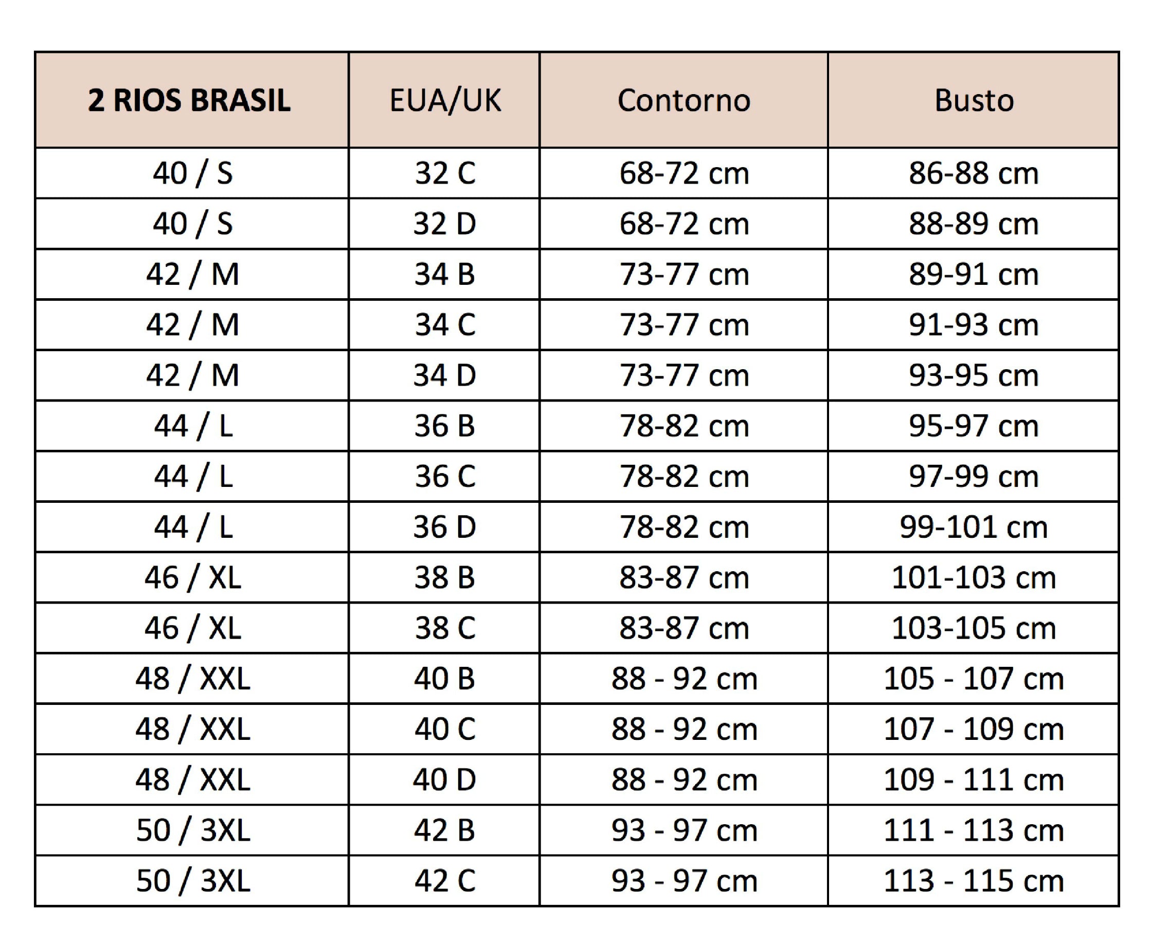 Tabla de medidas sosten online